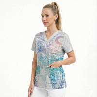 Aotearoa Maori Sea Animals Tribal Scrub Top Manta Ray and Shark Moko Pattern Sweet Pastel