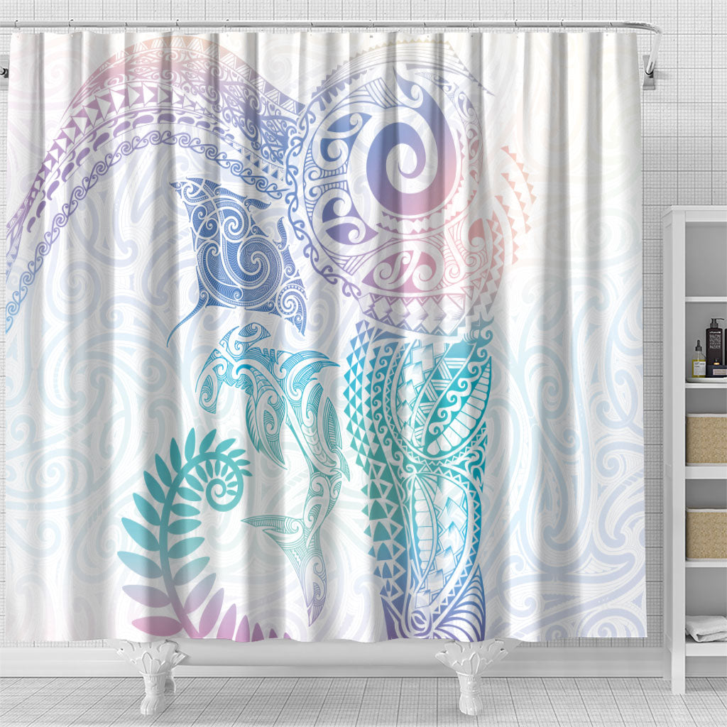 Aotearoa Maori Sea Animals Tribal Shower Curtain Manta Ray and Shark Moko Pattern Sweet Pastel