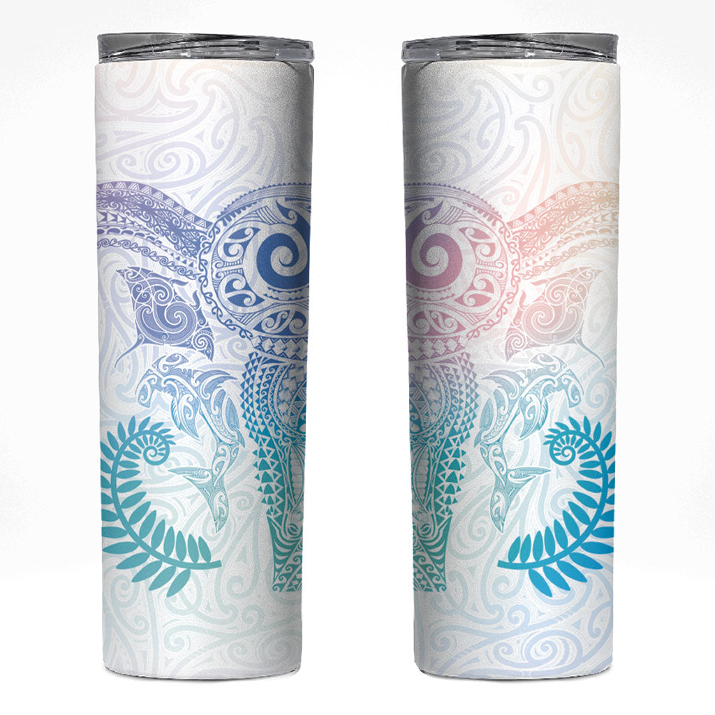 Aotearoa Maori Sea Animals Tribal Skinny Tumbler Manta Ray and Shark Moko Pattern Sweet Pastel