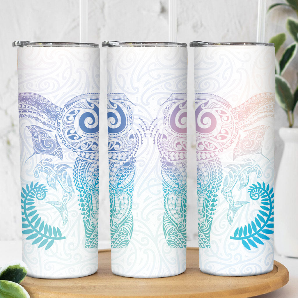 Aotearoa Maori Sea Animals Tribal Skinny Tumbler Manta Ray and Shark Moko Pattern Sweet Pastel