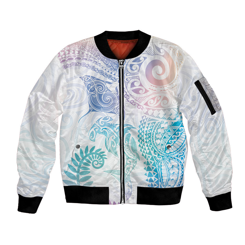 Aotearoa Maori Sea Animals Tribal Sleeve Zip Bomber Jacket Manta Ray and Shark Moko Pattern Sweet Pastel LT03 Unisex Multicolor - Polynesian Pride