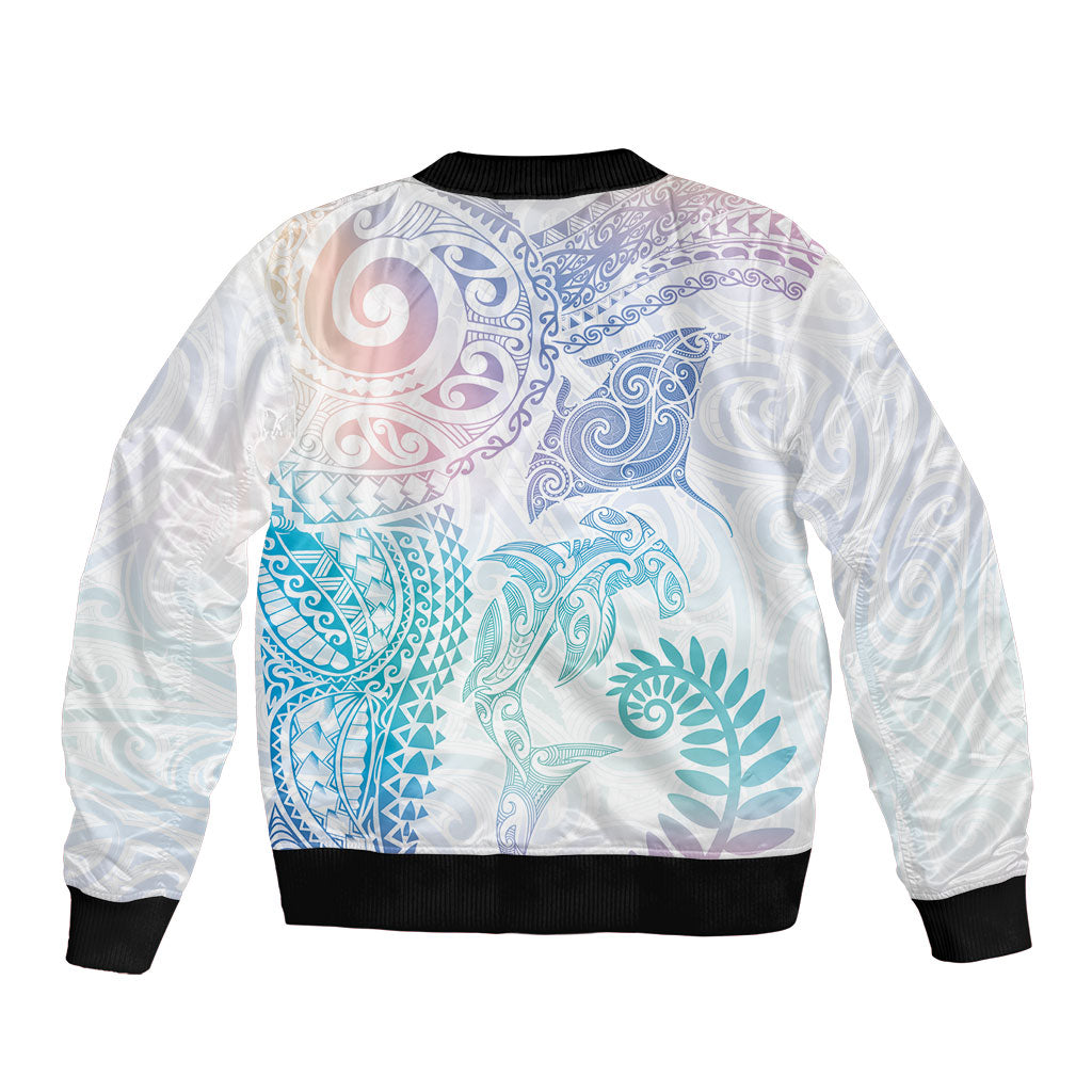 Aotearoa Maori Sea Animals Tribal Sleeve Zip Bomber Jacket Manta Ray and Shark Moko Pattern Sweet Pastel