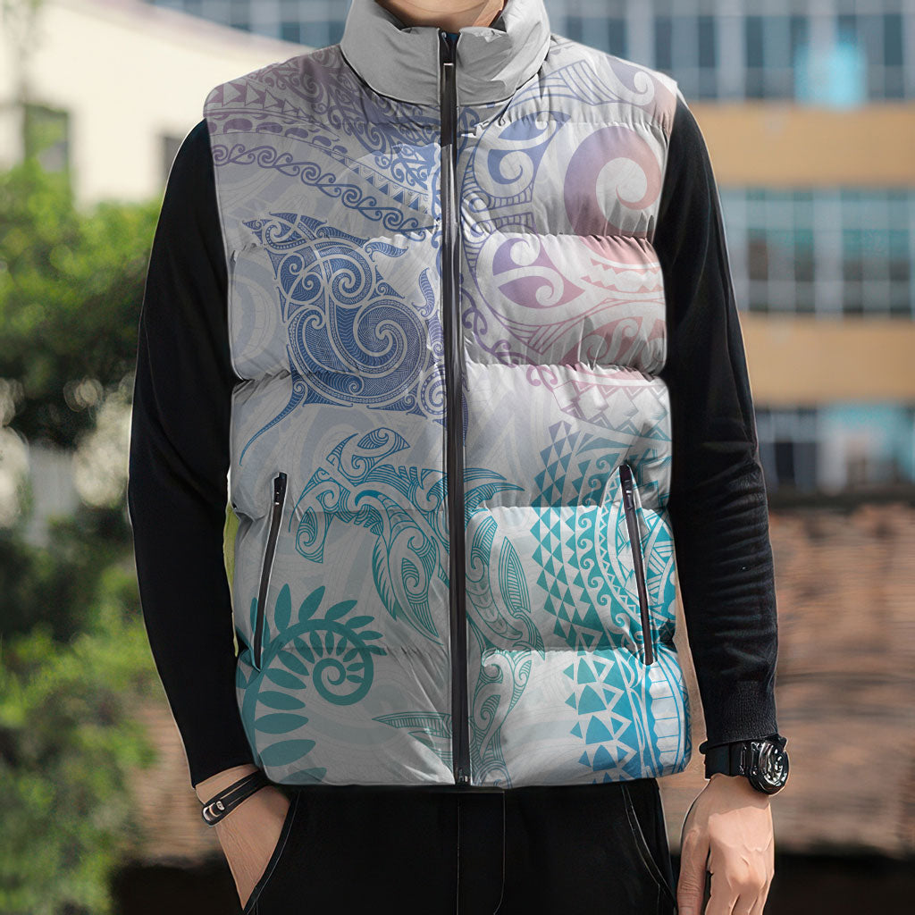 Aotearoa Maori Sea Animals Tribal Sleeveless Puffer Jacket Manta Ray and Shark Moko Pattern Sweet Pastel