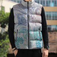Aotearoa Maori Sea Animals Tribal Sleeveless Puffer Jacket Manta Ray and Shark Moko Pattern Sweet Pastel