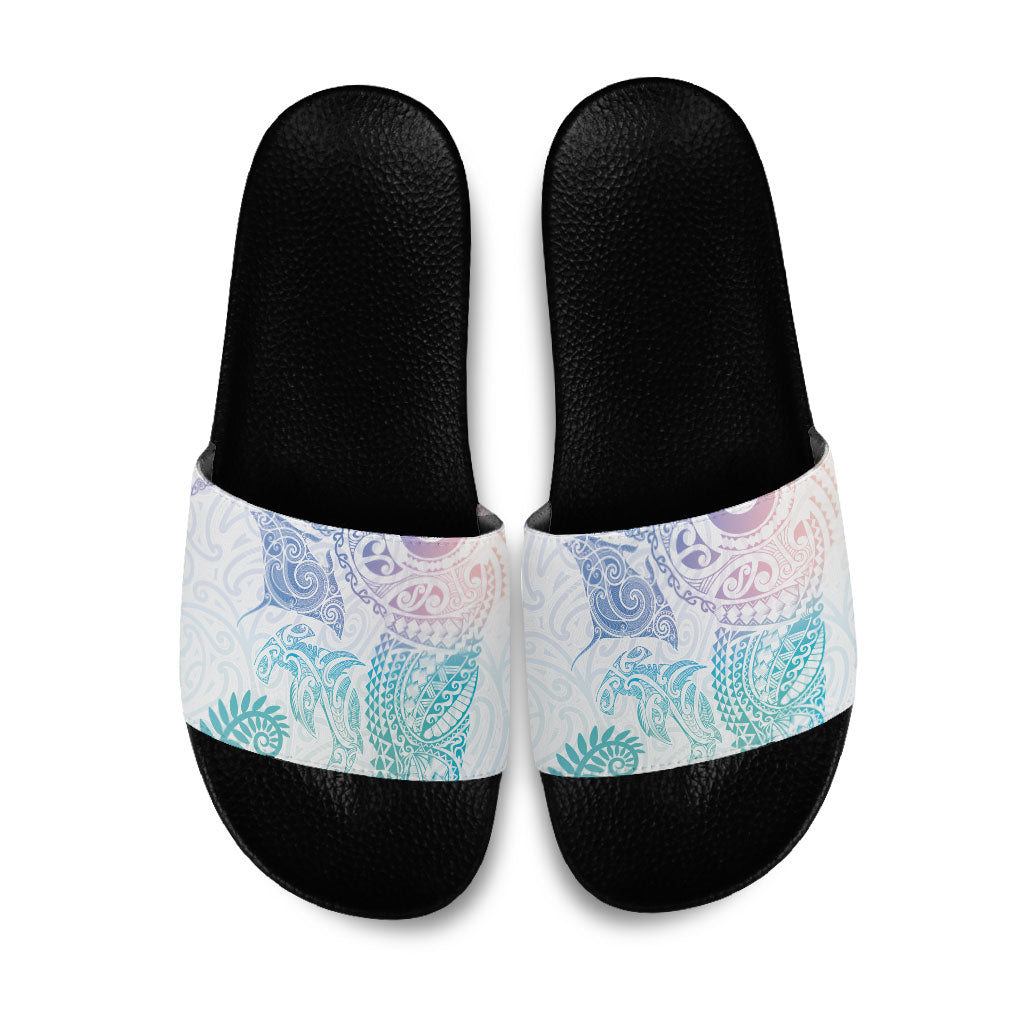 Aotearoa Maori Sea Animals Tribal Slide Sandals Manta Ray and Shark Moko Pattern Sweet Pastel
