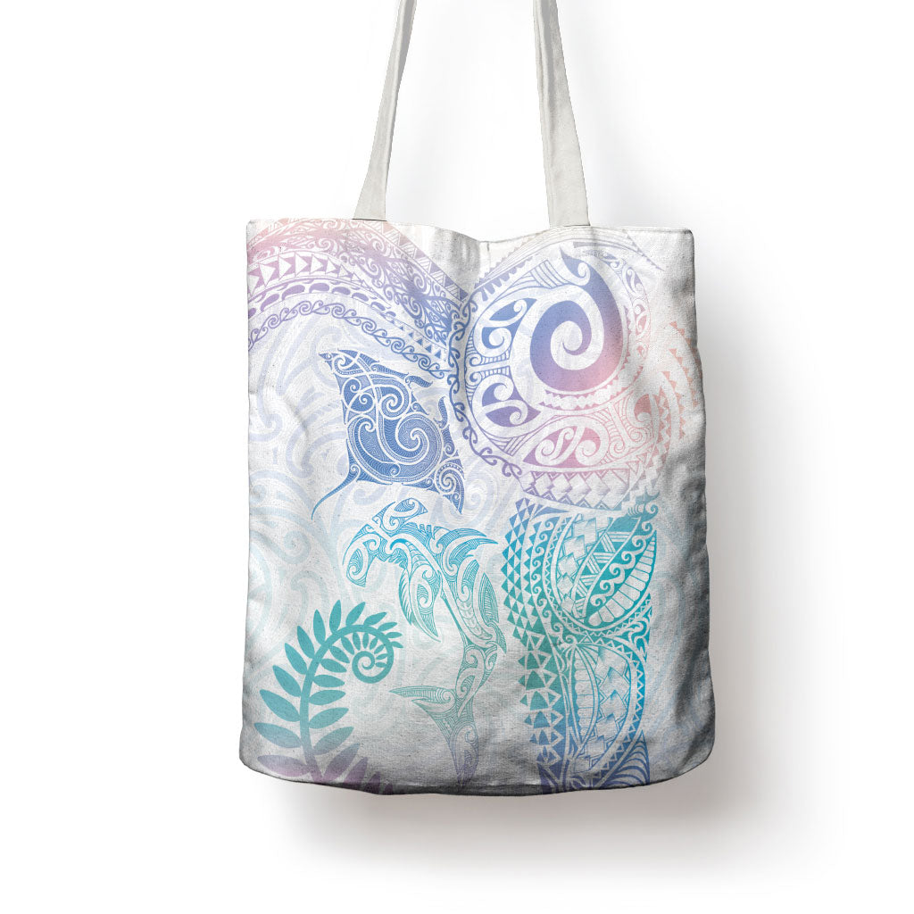 Aotearoa Maori Sea Animals Tribal Tote Bag Manta Ray and Shark Moko Pattern Sweet Pastel