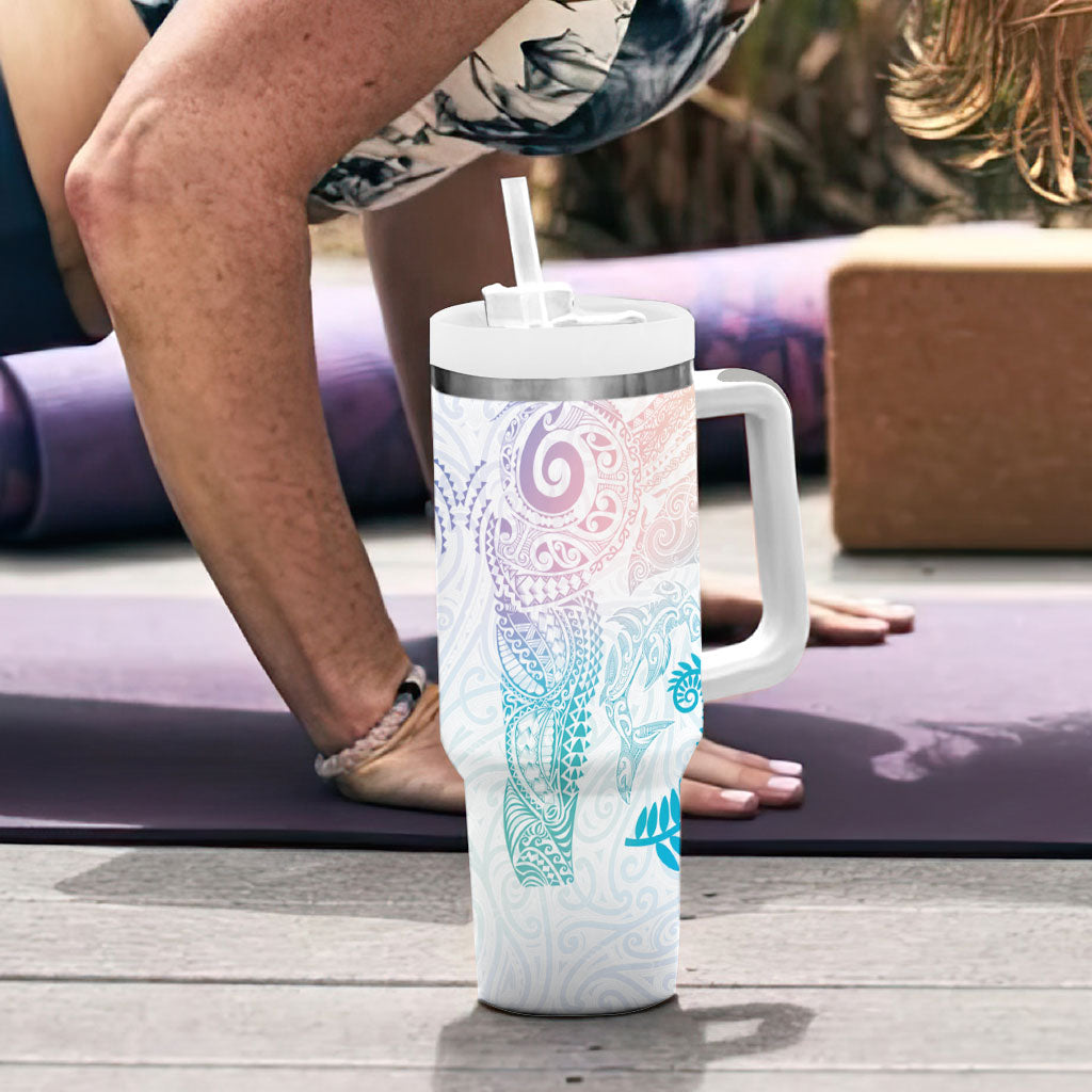 Aotearoa Maori Sea Animals Tribal Tumbler With Handle Manta Ray and Shark Moko Pattern Sweet Pastel