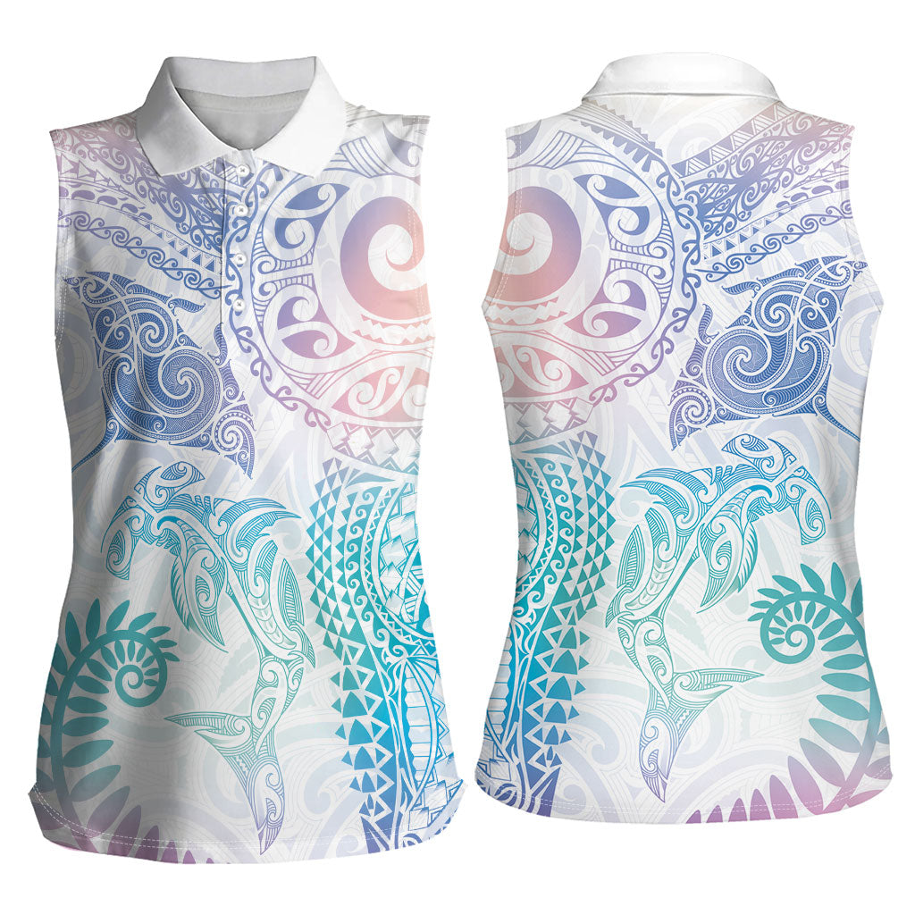 Aotearoa Maori Sea Animals Tribal Women Sleeveless Polo Shirt Manta Ray and Shark Moko Pattern Sweet Pastel