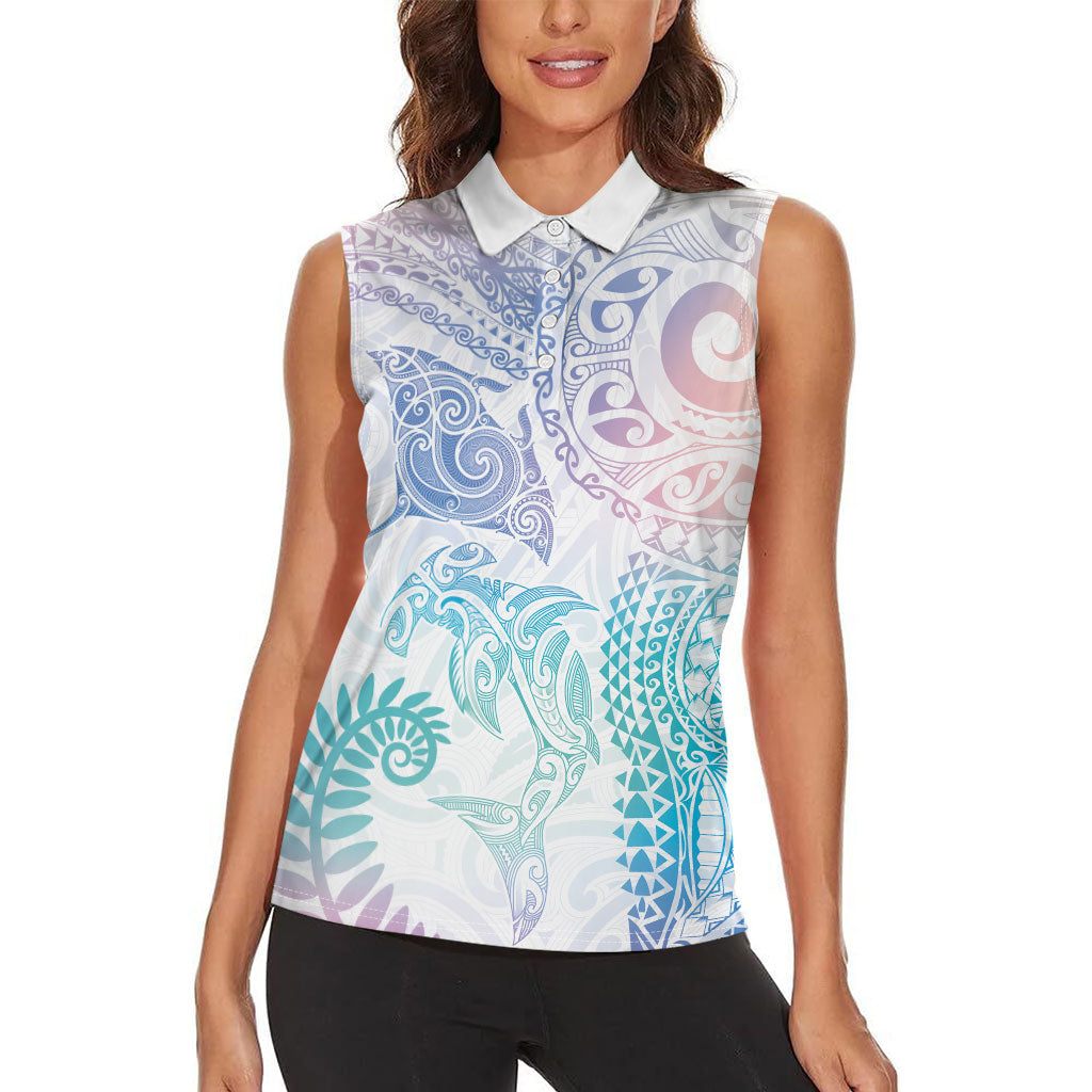 Aotearoa Maori Sea Animals Tribal Women Sleeveless Polo Shirt Manta Ray and Shark Moko Pattern Sweet Pastel