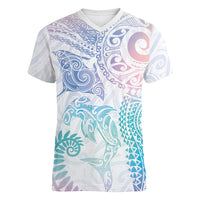 Aotearoa Maori Sea Animals Tribal Women V-Neck T-Shirt Manta Ray and Shark Moko Pattern Sweet Pastel