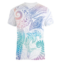 Aotearoa Maori Sea Animals Tribal Women V-Neck T-Shirt Manta Ray and Shark Moko Pattern Sweet Pastel