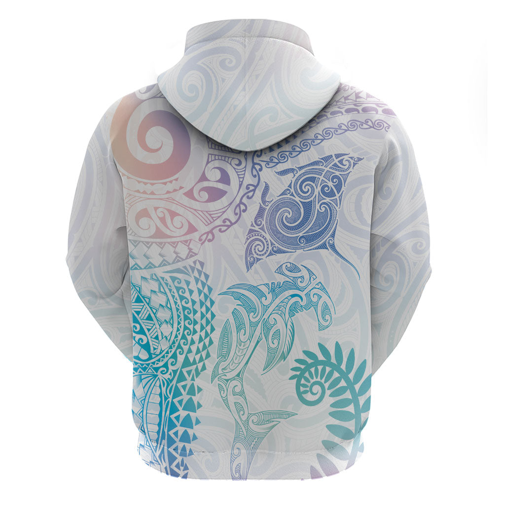 Aotearoa Maori Sea Animals Tribal Zip Hoodie Manta Ray and Shark Moko Pattern Sweet Pastel