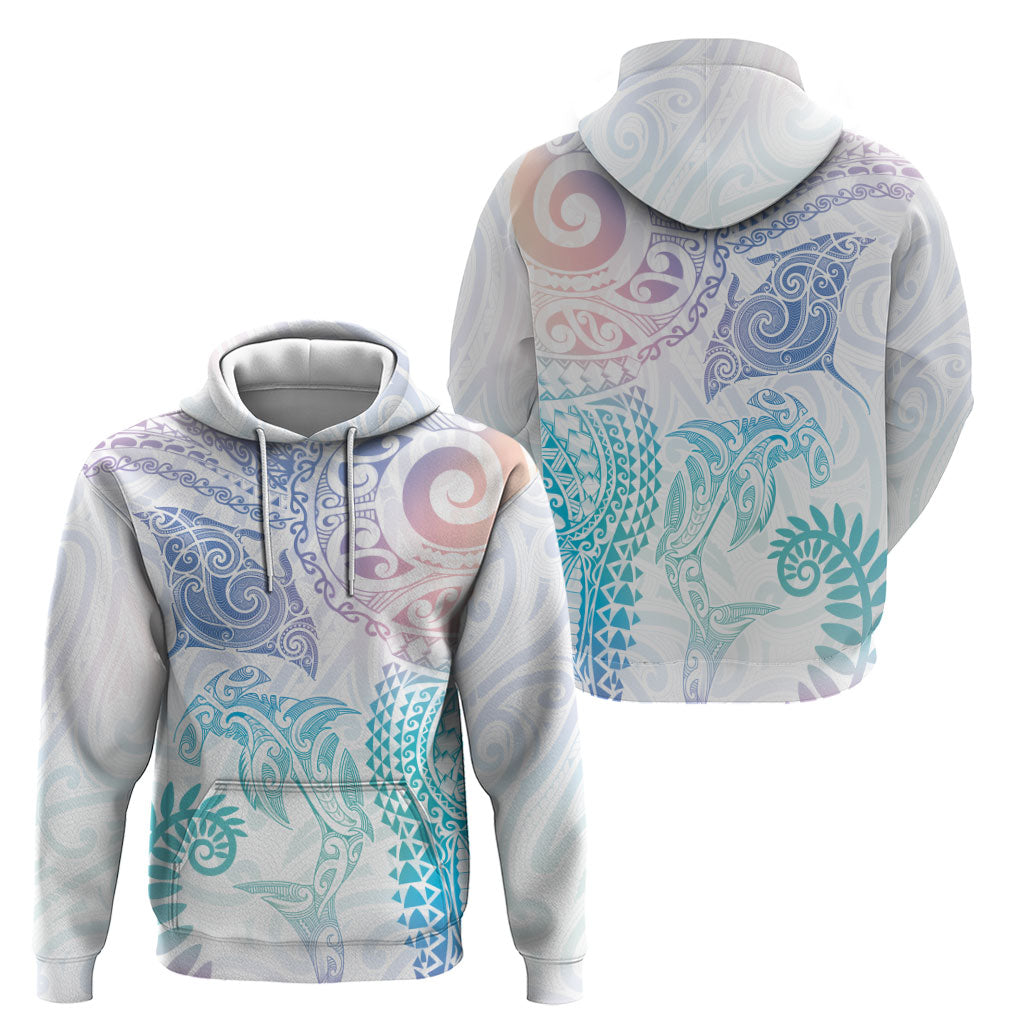 Aotearoa Maori Sea Animals Tribal Zip Hoodie Manta Ray and Shark Moko Pattern Sweet Pastel