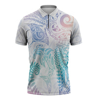 Aotearoa Maori Sea Animals Tribal Zipper Polo Shirt Manta Ray and Shark Moko Pattern Sweet Pastel
