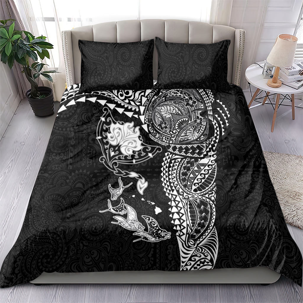 Hawaiian Manta Ray Tribal Bedding Set Polynesian Art Motifs Black Color