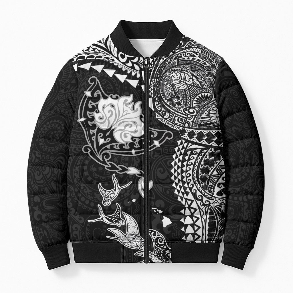 Hawaiian Manta Ray Tribal Bomber Puffer Jacket Polynesian Art Motifs Black Color LT03 Unisex Black - Polynesian Pride