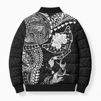 Hawaiian Manta Ray Tribal Bomber Puffer Jacket Polynesian Art Motifs Black Color