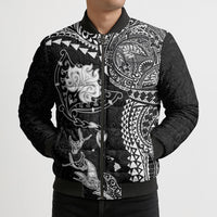 Hawaiian Manta Ray Tribal Bomber Puffer Jacket Polynesian Art Motifs Black Color