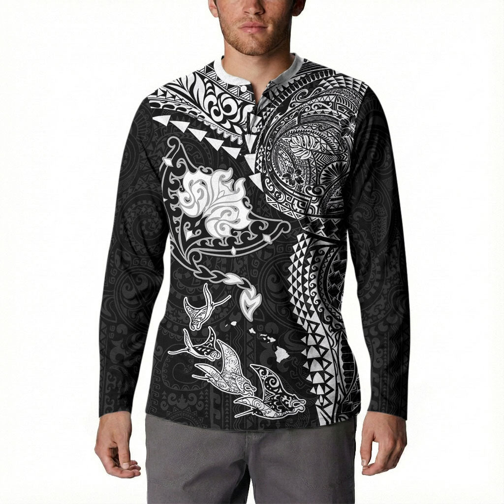 Hawaiian Manta Ray Tribal Button Sweatshirt Polynesian Art Motifs Black Color