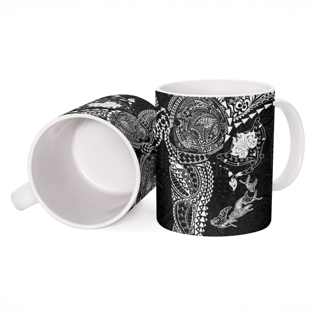 Hawaiian Manta Ray Tribal Ceramic Mug Polynesian Art Motifs Black Color