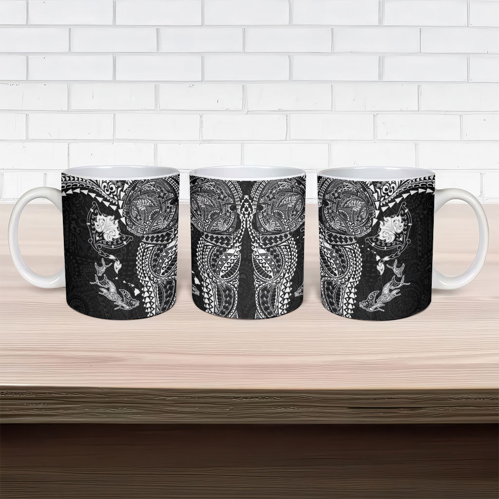 Hawaiian Manta Ray Tribal Ceramic Mug Polynesian Art Motifs Black Color