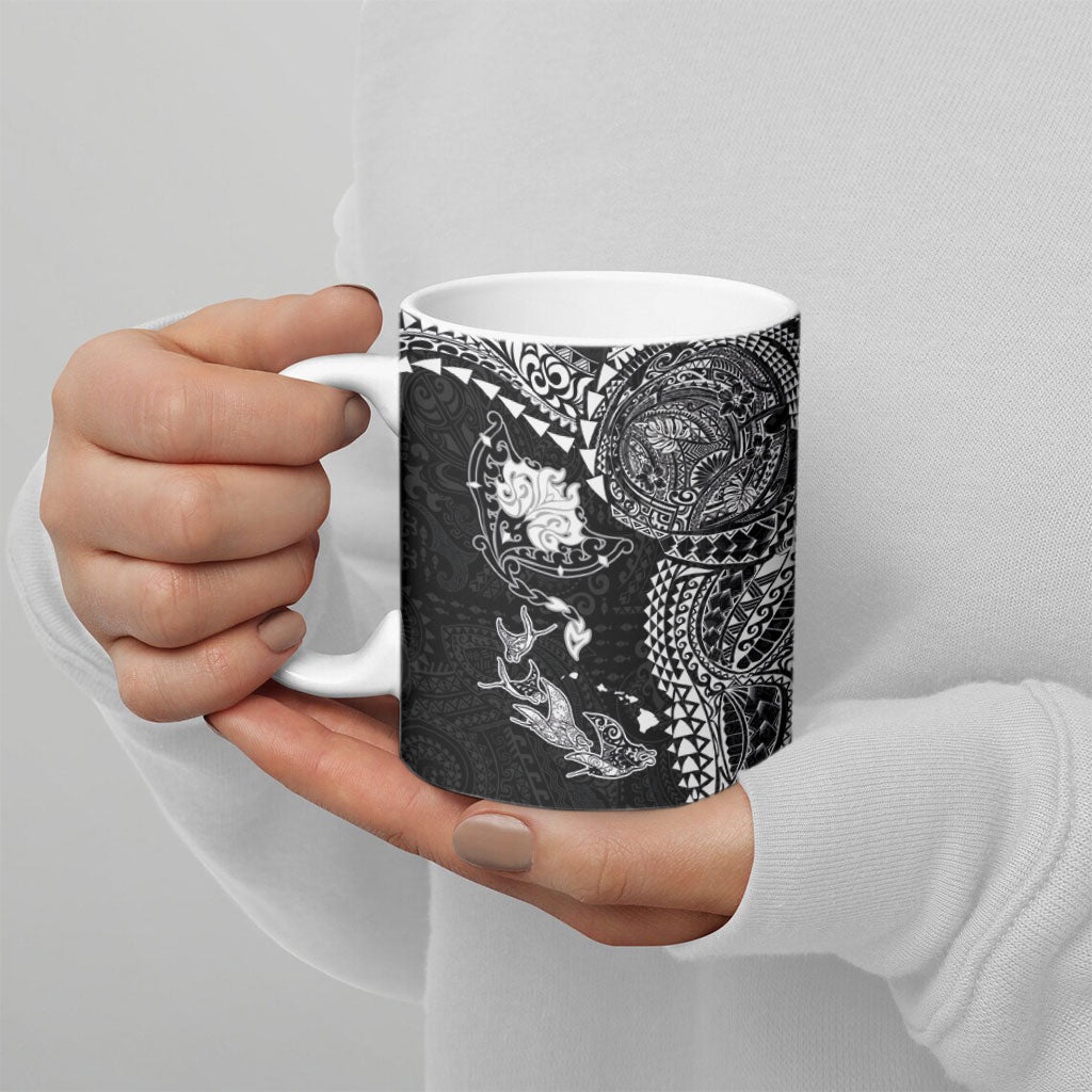Hawaiian Manta Ray Tribal Ceramic Mug Polynesian Art Motifs Black Color