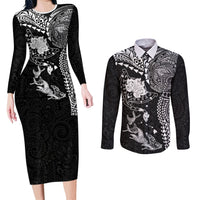 Hawaiian Manta Ray Tribal Couples Matching Long Sleeve Bodycon Dress and Long Sleeve Button Shirt Polynesian Art Motifs Black Color