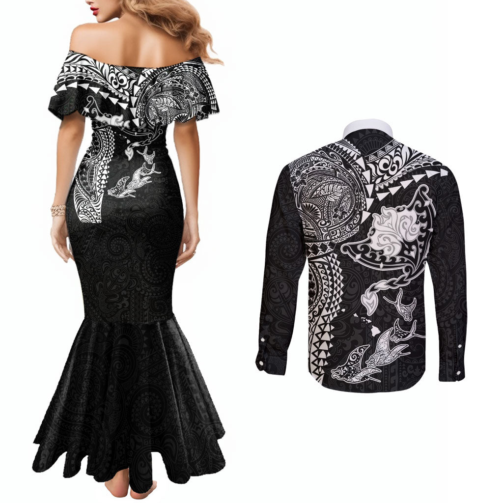Hawaiian Manta Ray Tribal Couples Matching Mermaid Dress and Long Sleeve Button Shirt Polynesian Art Motifs Black Color