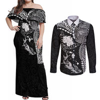 Hawaiian Manta Ray Tribal Couples Matching Off Shoulder Maxi Dress and Long Sleeve Button Shirt Polynesian Art Motifs Black Color