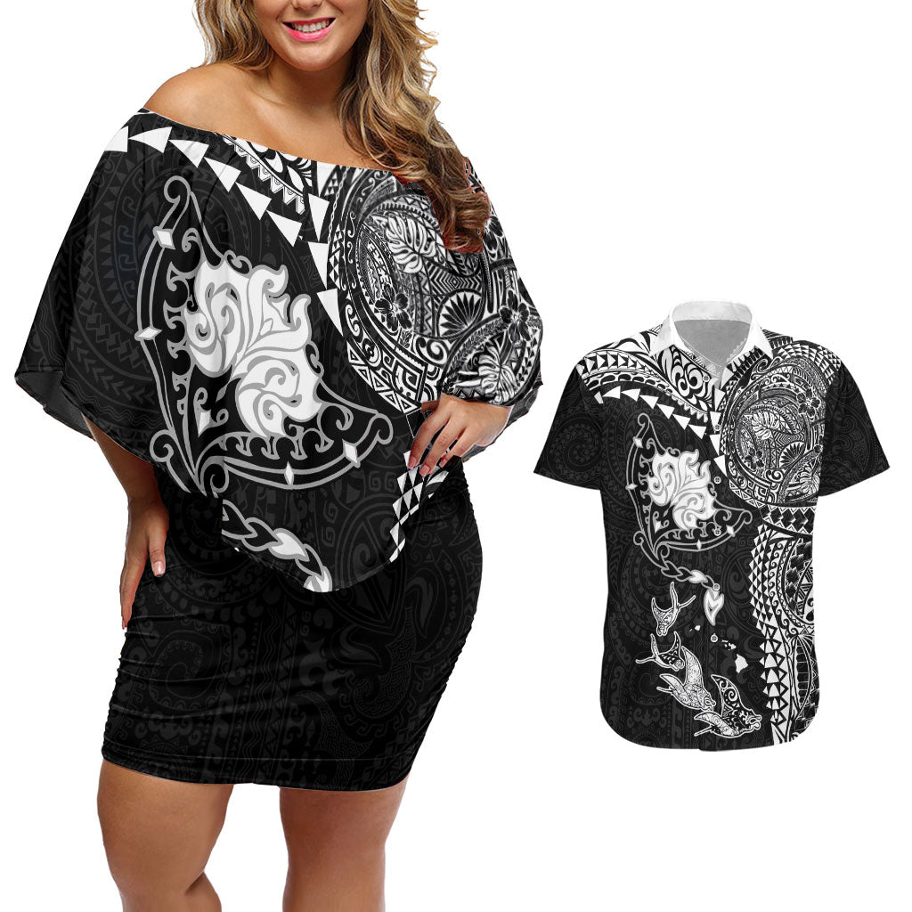 Hawaiian Manta Ray Tribal Couples Matching Off Shoulder Short Dress and Hawaiian Shirt Polynesian Art Motifs Black Color