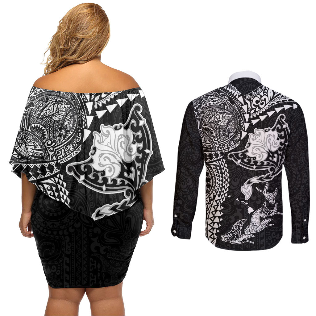 Hawaiian Manta Ray Tribal Couples Matching Off Shoulder Short Dress and Long Sleeve Button Shirt Polynesian Art Motifs Black Color