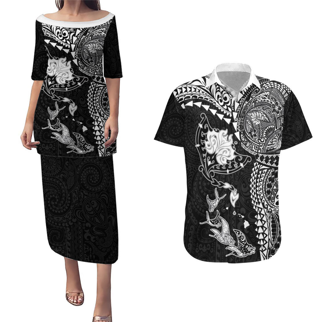 Hawaiian Manta Ray Tribal Couples Matching Puletasi and Hawaiian Shirt Polynesian Art Motifs Black Color