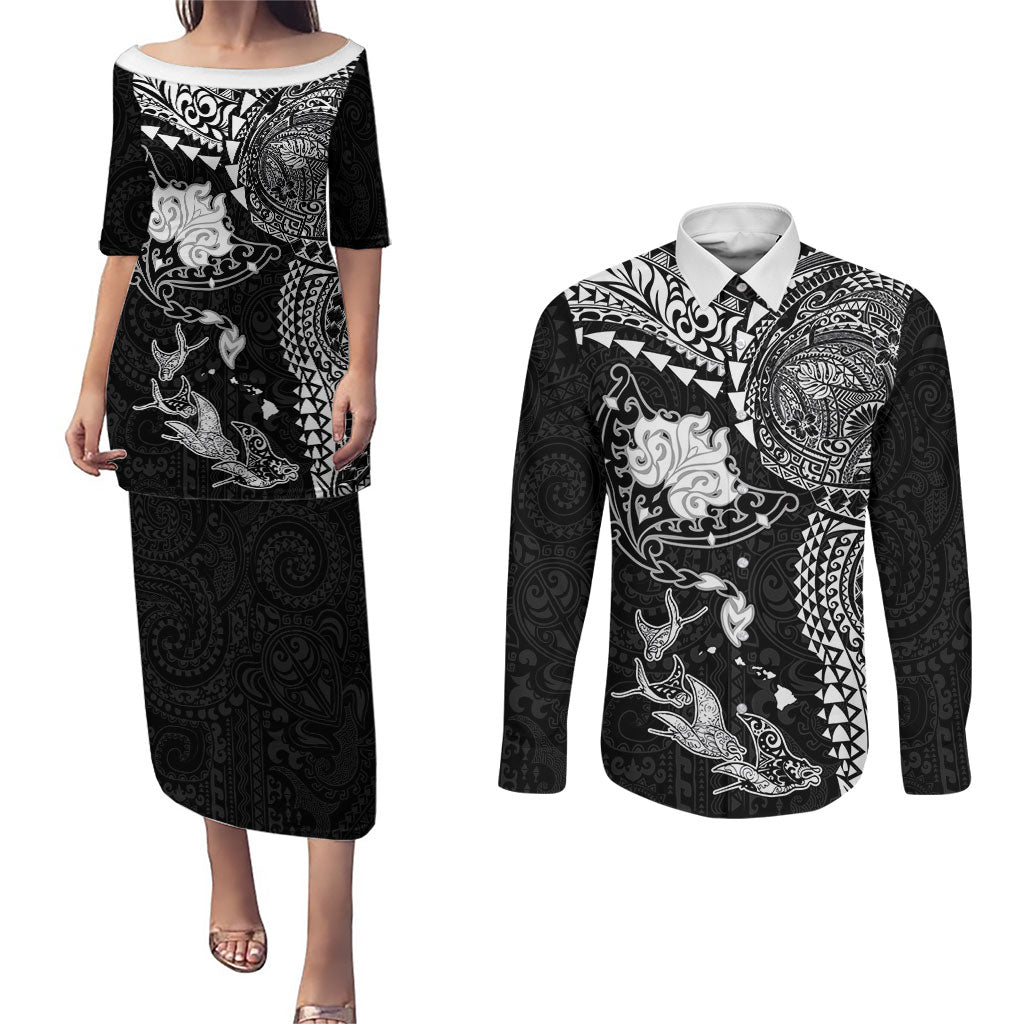 Hawaiian Manta Ray Tribal Couples Matching Puletasi and Long Sleeve Button Shirt Polynesian Art Motifs Black Color