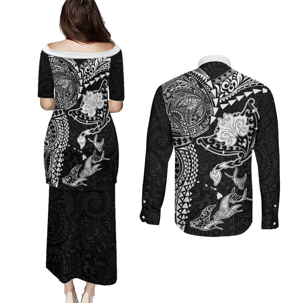Hawaiian Manta Ray Tribal Couples Matching Puletasi and Long Sleeve Button Shirt Polynesian Art Motifs Black Color