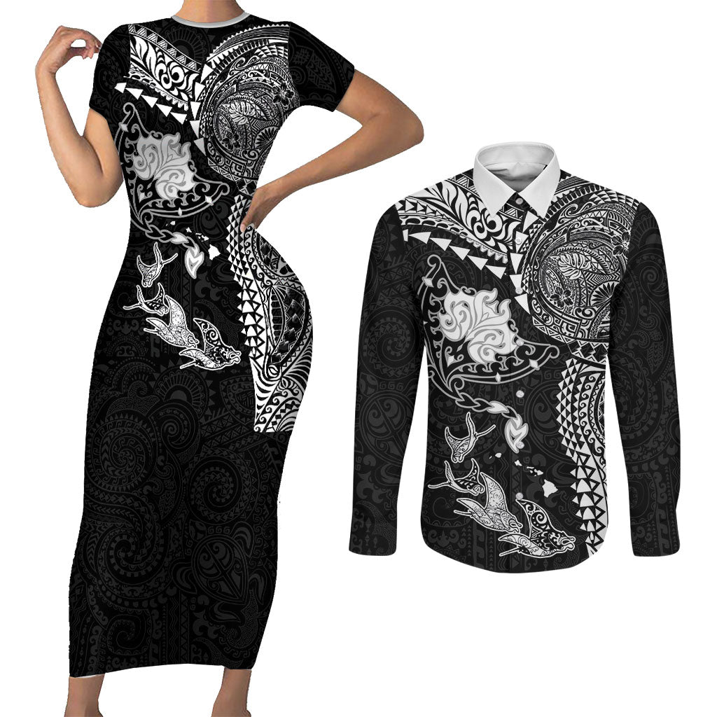 Hawaiian Manta Ray Tribal Couples Matching Short Sleeve Bodycon Dress and Long Sleeve Button Shirt Polynesian Art Motifs Black Color