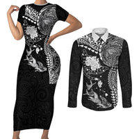 Hawaiian Manta Ray Tribal Couples Matching Short Sleeve Bodycon Dress and Long Sleeve Button Shirt Polynesian Art Motifs Black Color