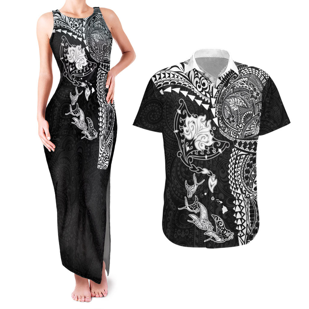 Hawaiian Manta Ray Tribal Couples Matching Tank Maxi Dress and Hawaiian Shirt Polynesian Art Motifs Black Color LT03 Black - Polynesian Pride