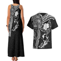 Hawaiian Manta Ray Tribal Couples Matching Tank Maxi Dress and Hawaiian Shirt Polynesian Art Motifs Black Color
