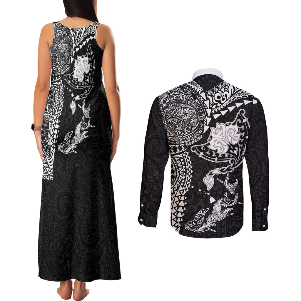 Hawaiian Manta Ray Tribal Couples Matching Tank Maxi Dress and Long Sleeve Button Shirt Polynesian Art Motifs Black Color