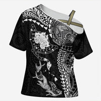 Hawaiian Manta Ray Tribal Cross Shoulder Shirt Polynesian Art Motifs Black Color