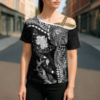 Hawaiian Manta Ray Tribal Cross Shoulder Shirt Polynesian Art Motifs Black Color
