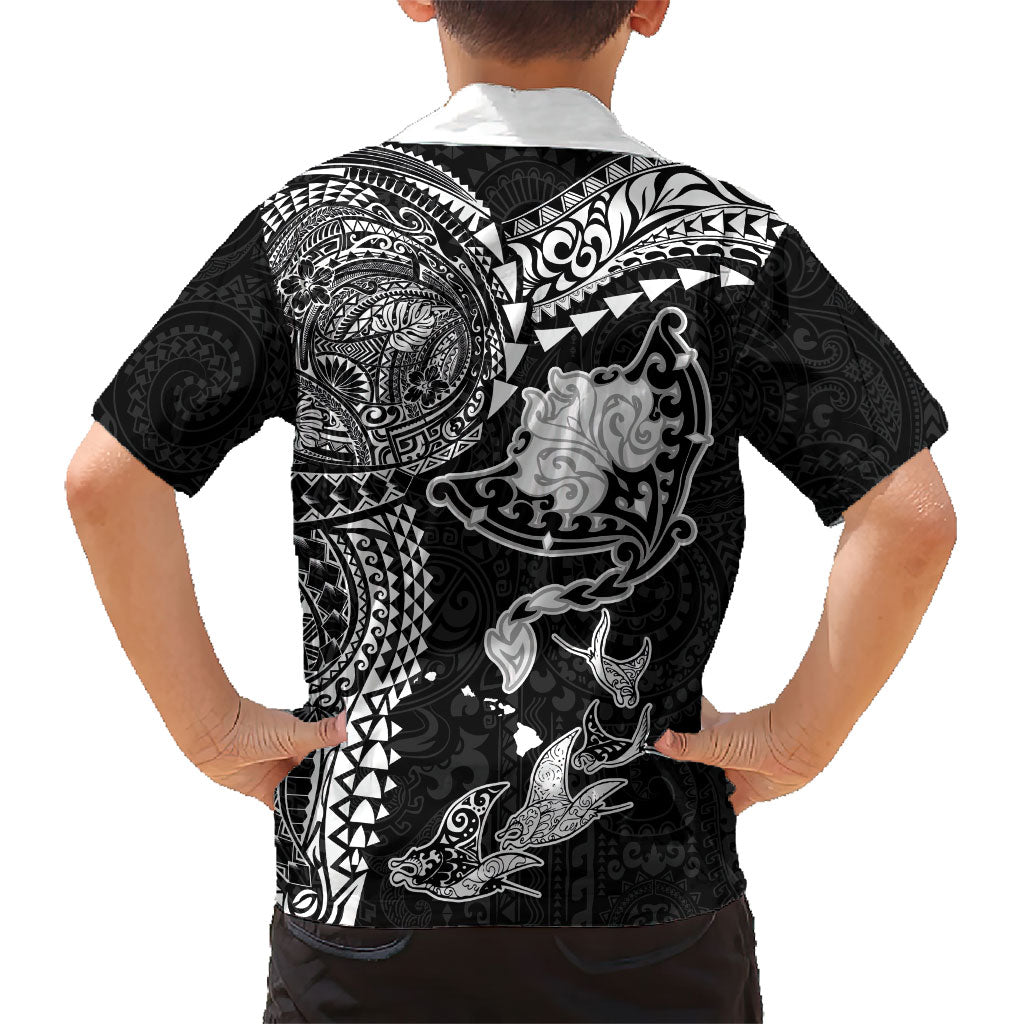 Hawaiian Manta Ray Tribal Family Matching Long Sleeve Bodycon Dress and Hawaiian Shirt Polynesian Art Motifs Black Color