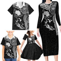 Hawaiian Manta Ray Tribal Family Matching Long Sleeve Bodycon Dress and Hawaiian Shirt Polynesian Art Motifs Black Color