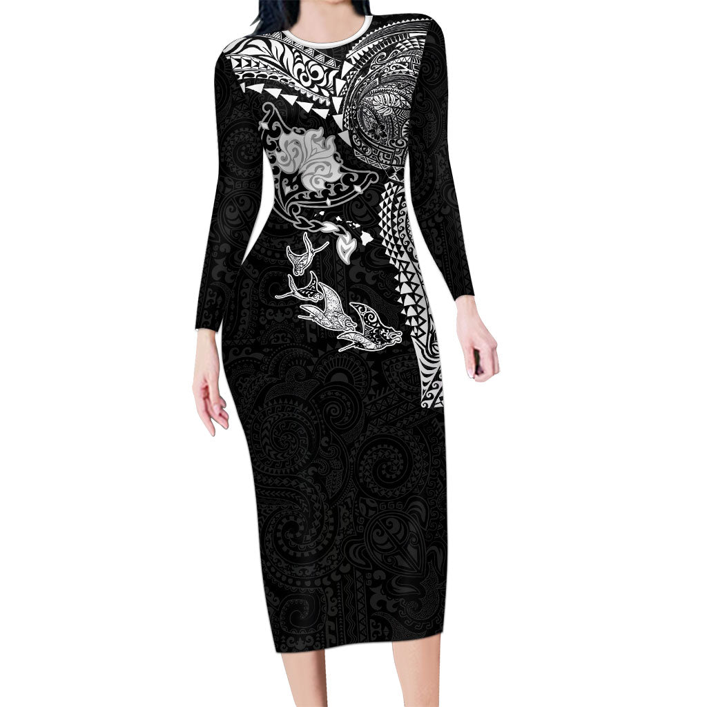 Hawaiian Manta Ray Tribal Family Matching Long Sleeve Bodycon Dress and Hawaiian Shirt Polynesian Art Motifs Black Color