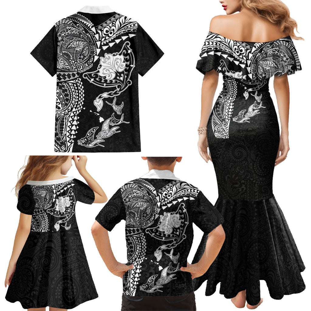 Hawaiian Manta Ray Tribal Family Matching Mermaid Dress and Hawaiian Shirt Polynesian Art Motifs Black Color