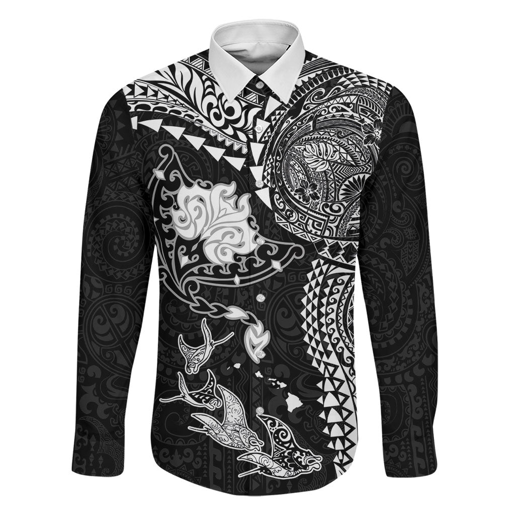 Hawaiian Manta Ray Tribal Family Matching Mermaid Dress and Hawaiian Shirt Polynesian Art Motifs Black Color
