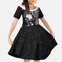 Hawaiian Manta Ray Tribal Family Matching Off The Shoulder Long Sleeve Dress and Hawaiian Shirt Polynesian Art Motifs Black Color