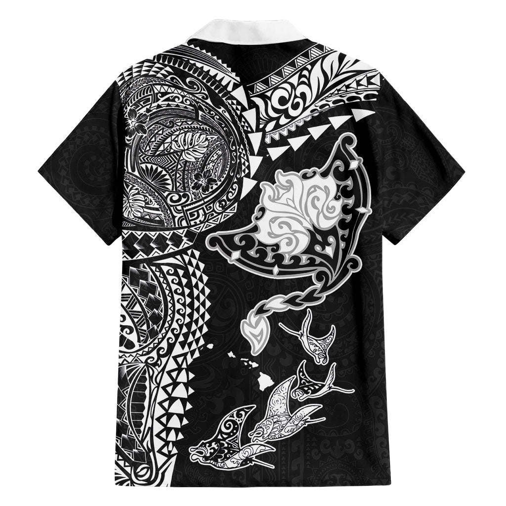 Hawaiian Manta Ray Tribal Family Matching Off The Shoulder Long Sleeve Dress and Hawaiian Shirt Polynesian Art Motifs Black Color