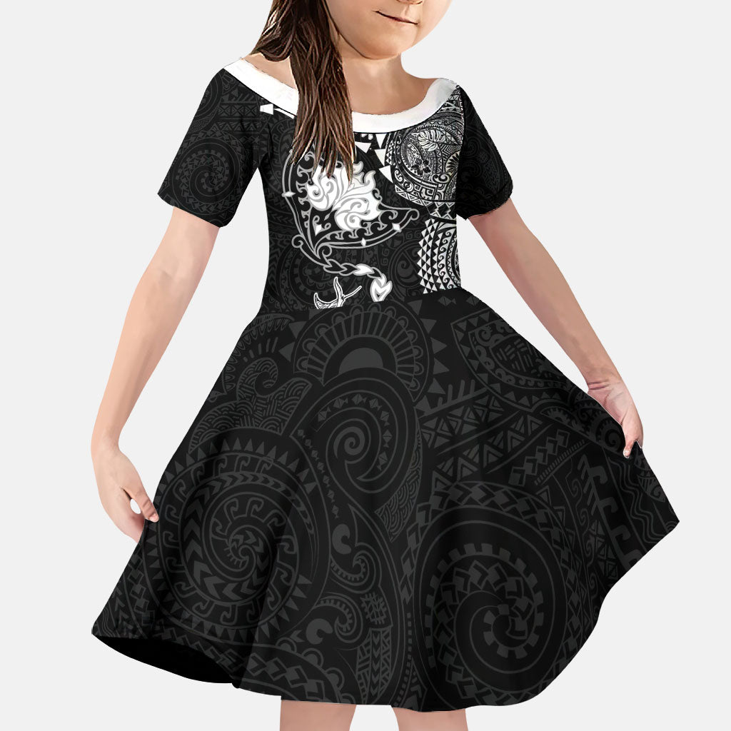 Hawaiian Manta Ray Tribal Family Matching Off Shoulder Maxi Dress and Hawaiian Shirt Polynesian Art Motifs Black Color