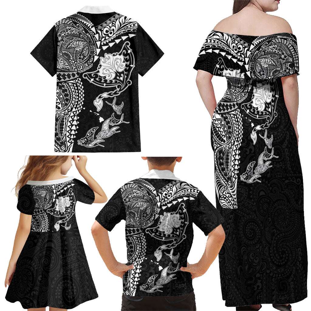 Hawaiian Manta Ray Tribal Family Matching Off Shoulder Maxi Dress and Hawaiian Shirt Polynesian Art Motifs Black Color